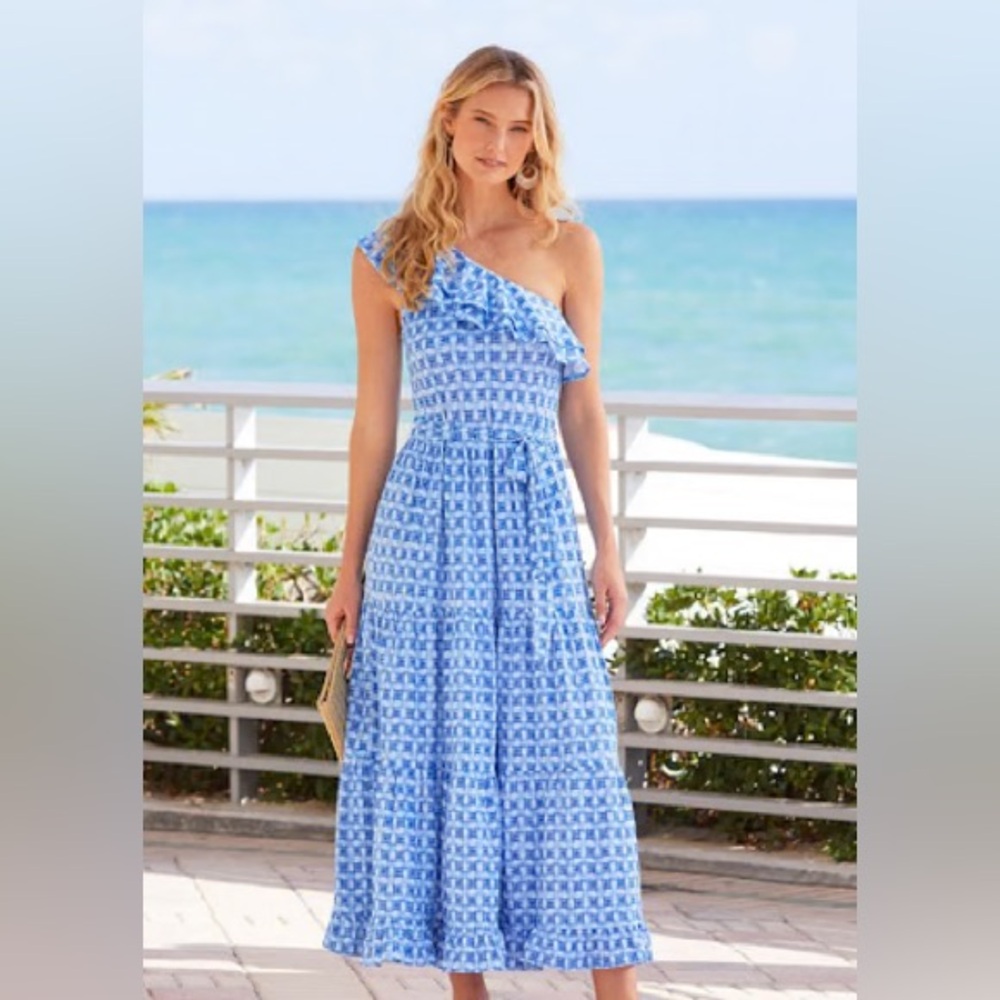 Cabana Life Windermere One Shoulder Tiered Maxi Dress wth Tie UPF 50 Blue Lg